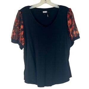 DKNY Animal Print Sheer Short Sleeve Puff Sleeve Blouse Large
